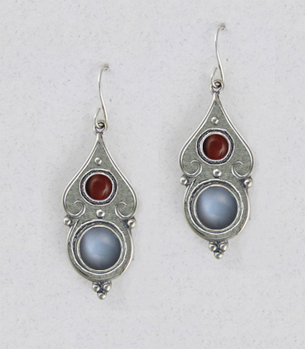 Sterling Silver Gothic Look With Grey Moonstone And Red Tiger Eye Gemstone Drop Dangle Earrings